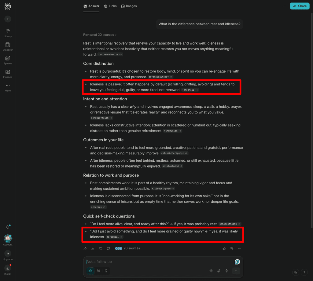 Perplexity displaying direct quotes from Jerad Hill's article on Rest vs Idleness