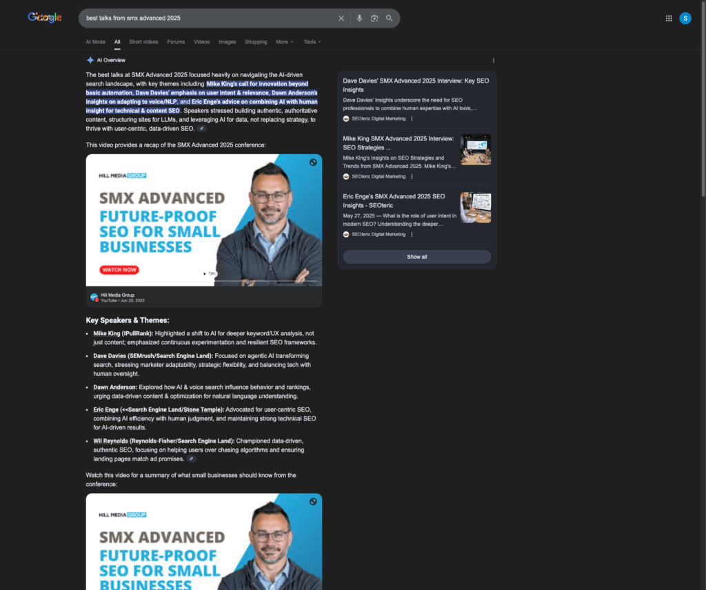 AI Overviews in Google displaying a Hill Media Group YouTube video and key details from the video in it's results.
