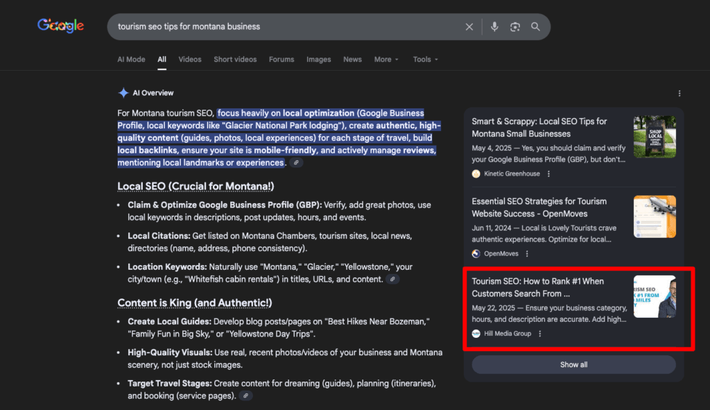 Hill Media Group Tourism SEO Article in AI Overview search results