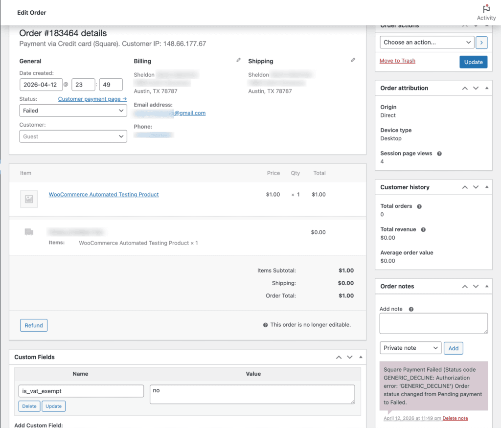 WooCommerce Automated Testing Product Example Order